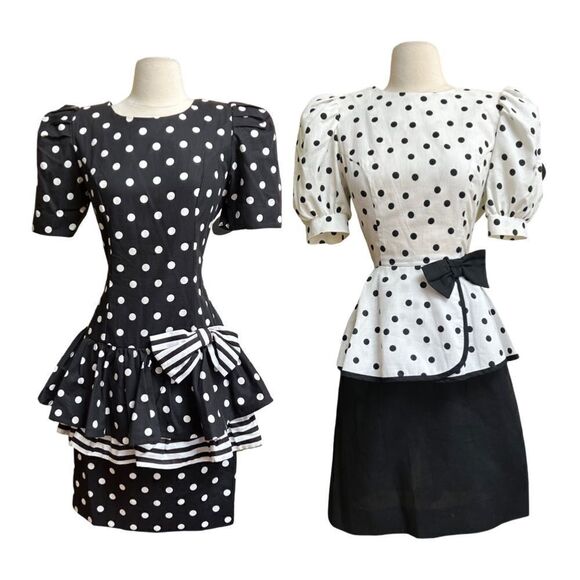 Killer Vintage 1980s White Pleated Tiered Peplum Polka Dot Bow Puff Sleeve Dress - Picture 11 of 11